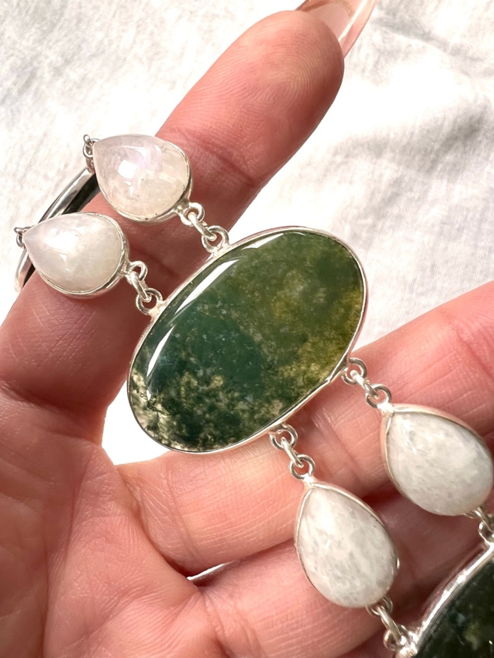 925 Earth Stone MOSS AGATE + Rainbow Moonstone Bracelet 7”-8.5” - Picture 5 of 12